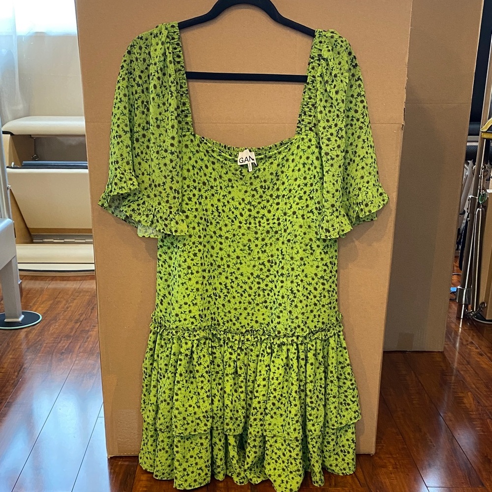 Ganni Lime Green Floral Square-Neck Mini Dress